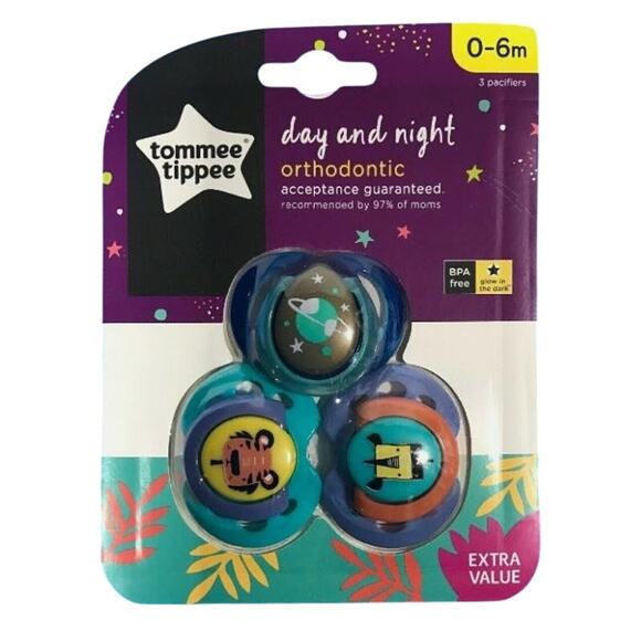NEW Tommee Tippee Day and Night 0-6 month Pacifiers Glow in the dark Orthodontic - Picture 1 of 2